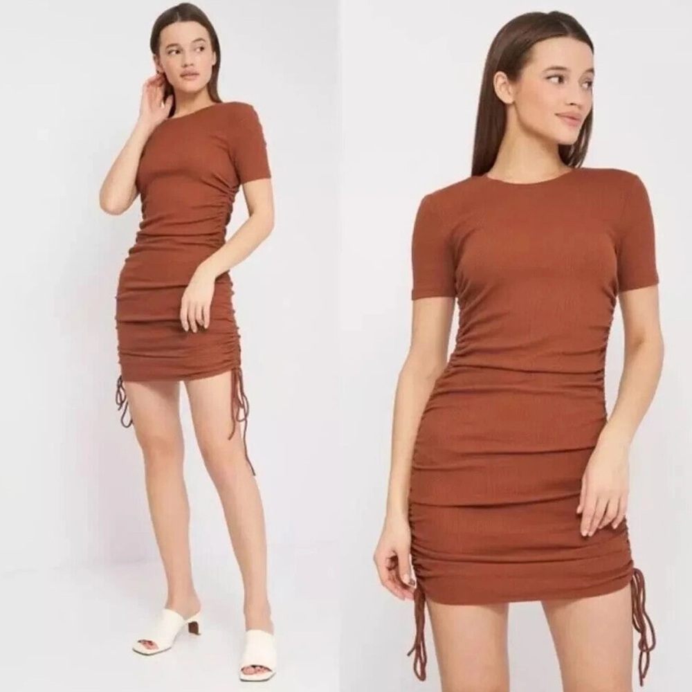 Zara Brown Ribbed Rib Short Sleeve Side Ruched Cinched Tie Mini Bodycon Dress M